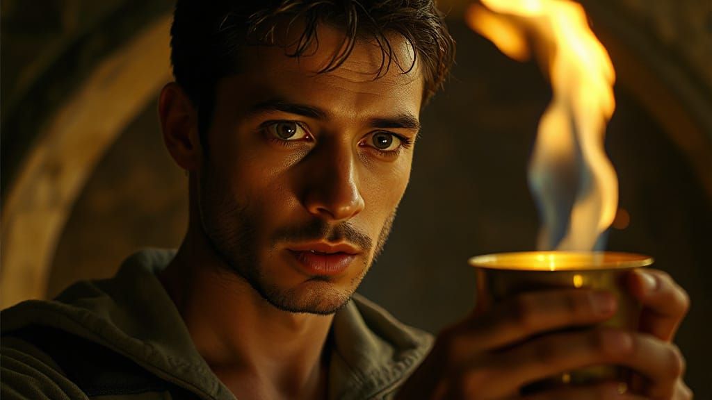 Explorer and Golden Chalice in Cinematic Film Still