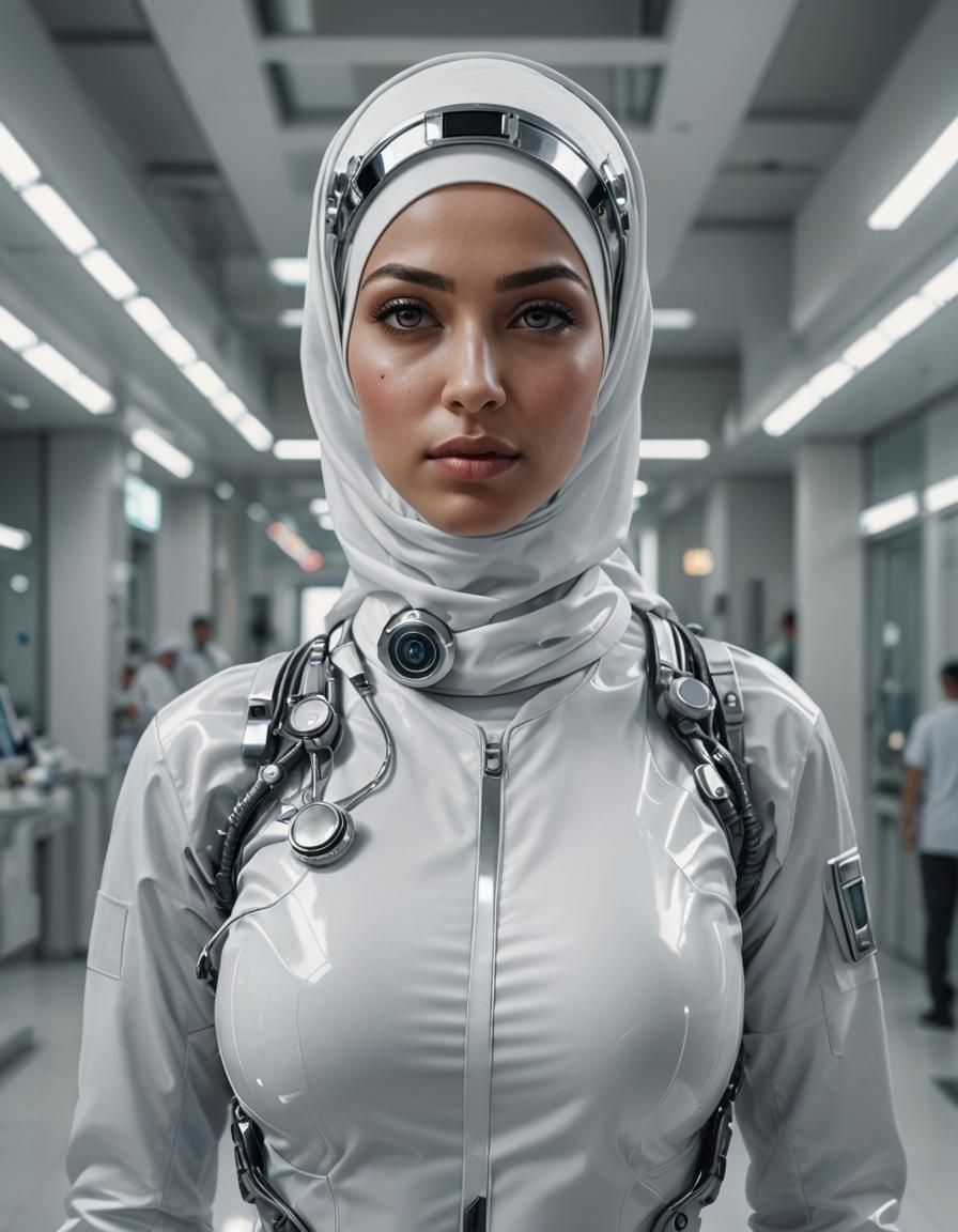 Cyborg Nurse Portrait in Futuristic Hospital