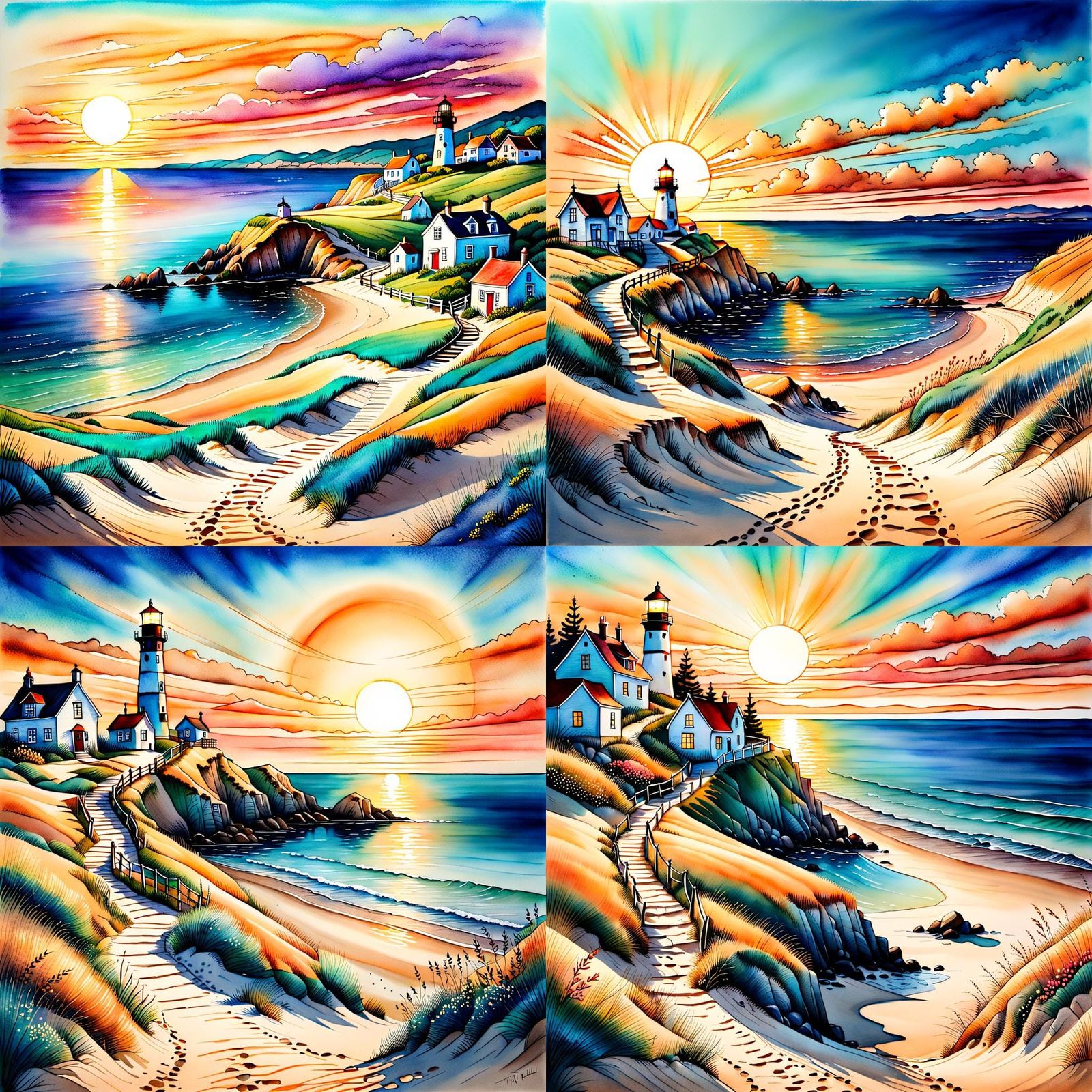 Idyllic Seaside Village at Sunset in Fine Line Art