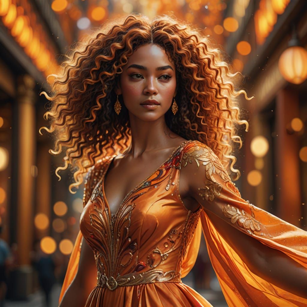 Woman in Flowing Orange Gown: Hyperrealistic Concept Art