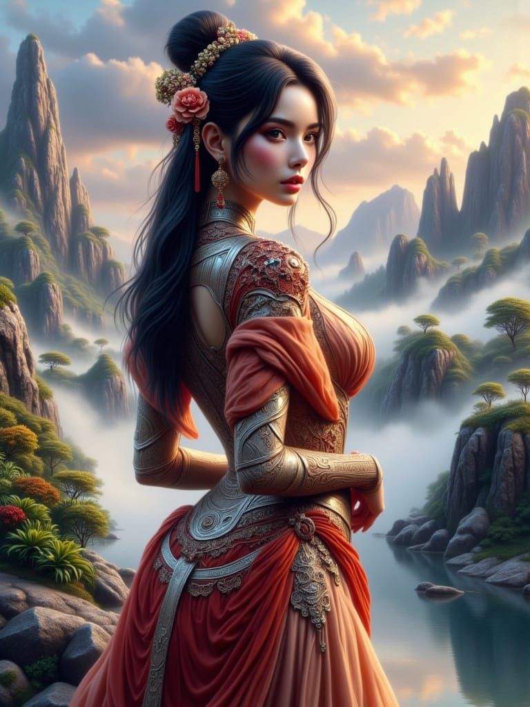 Retro-Future Warrior Empress in Misty Mountains