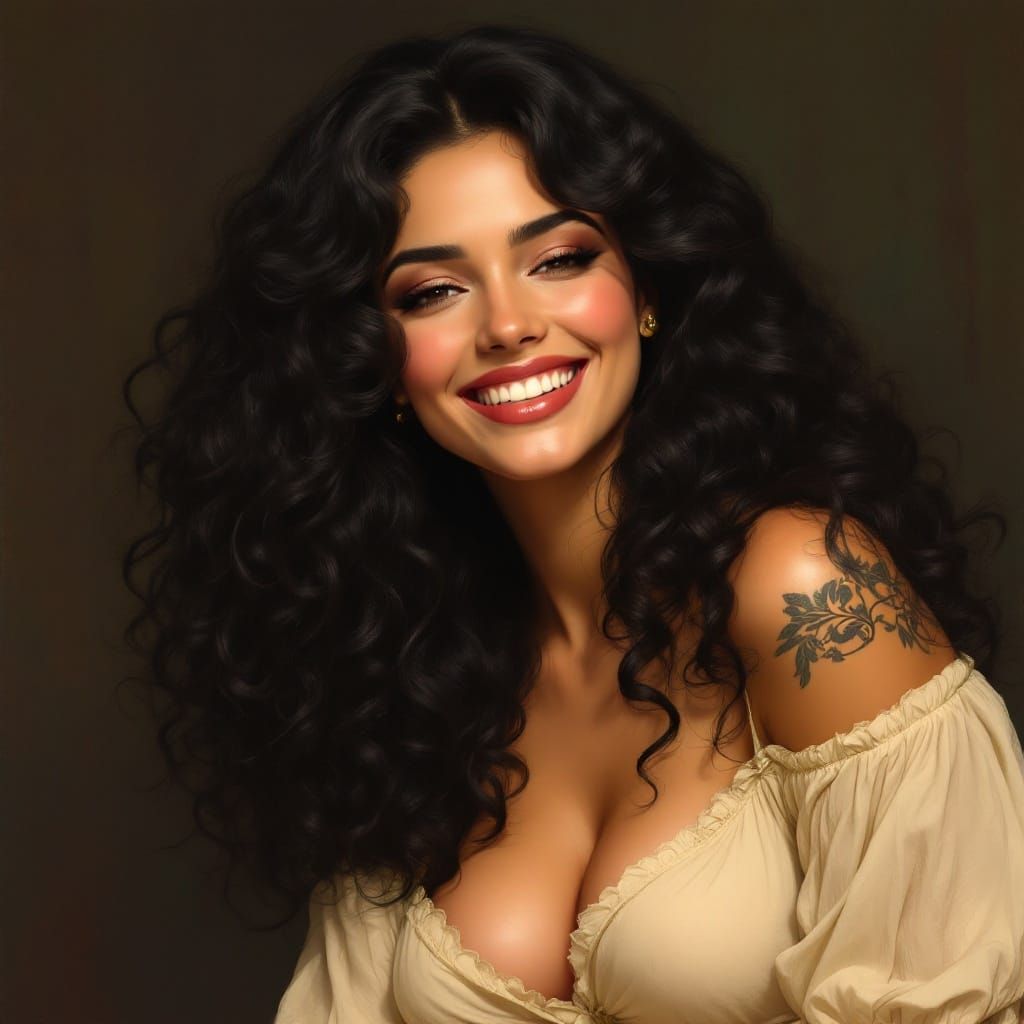 Gorgeous Woman smiling long black curly hair, painting by Al...