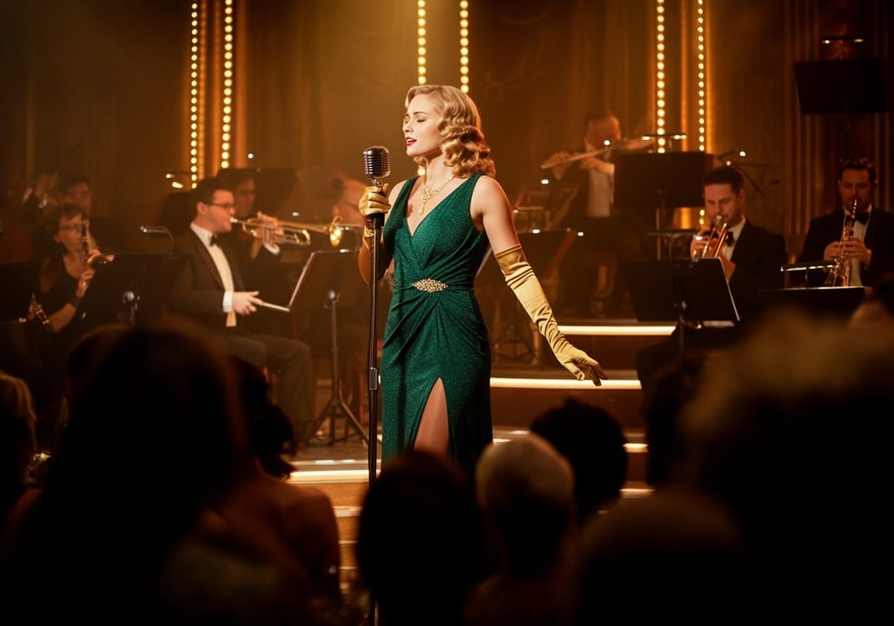 Vintage Siren Sings with Conviction in Emerald Gown