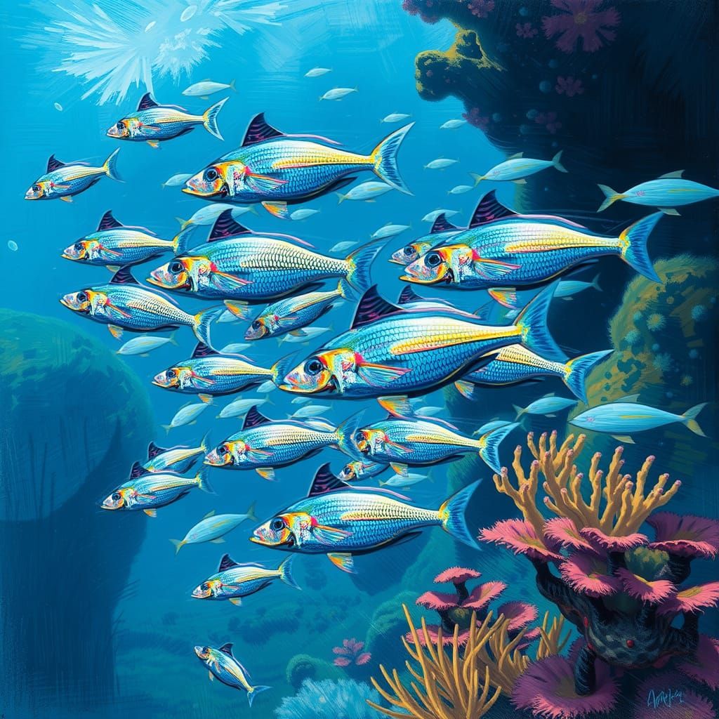 Iridescent Fish Race Through Coral Reef in Futuristic Style