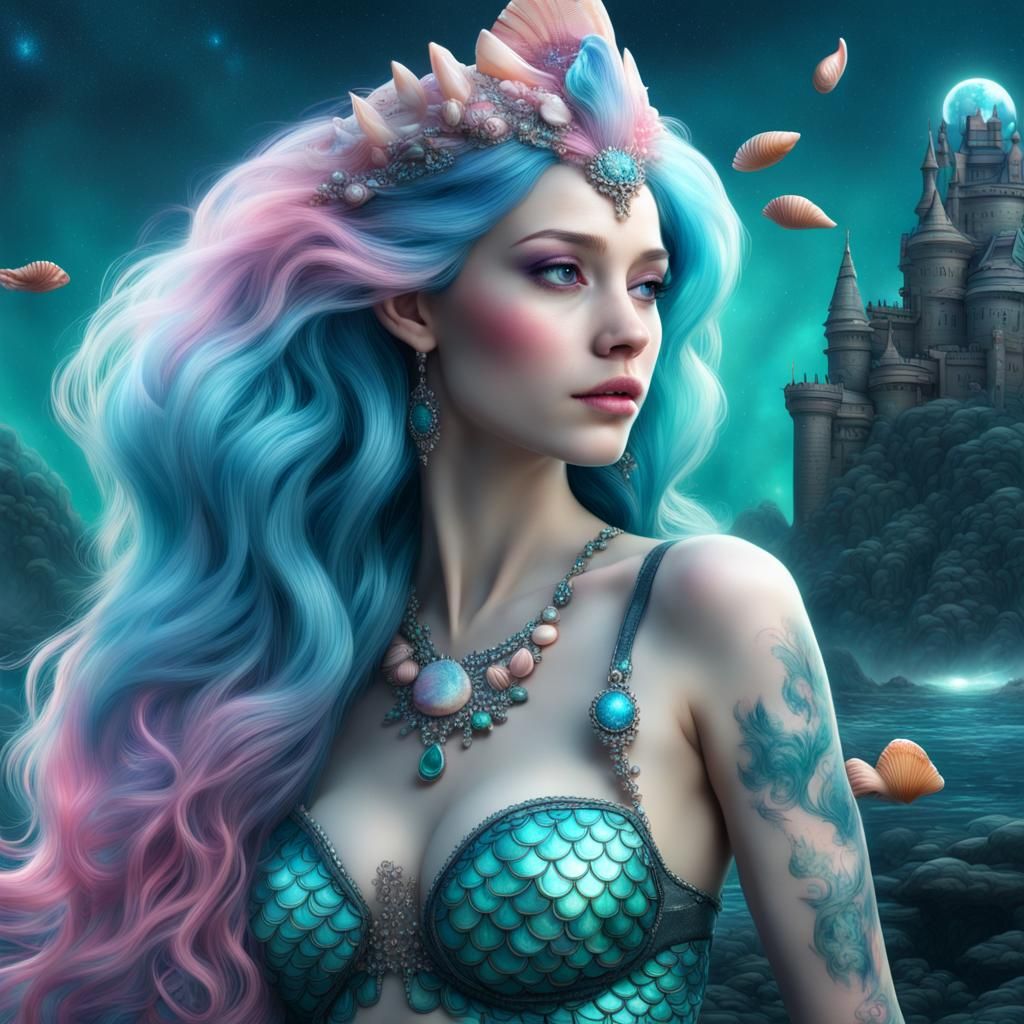 Beautiful Mermaid with Jade Tail in Space