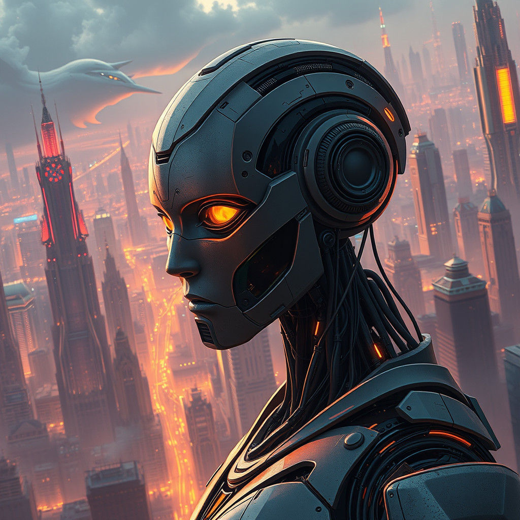 Futuristic Cyborg in Dreamlike Metropolis