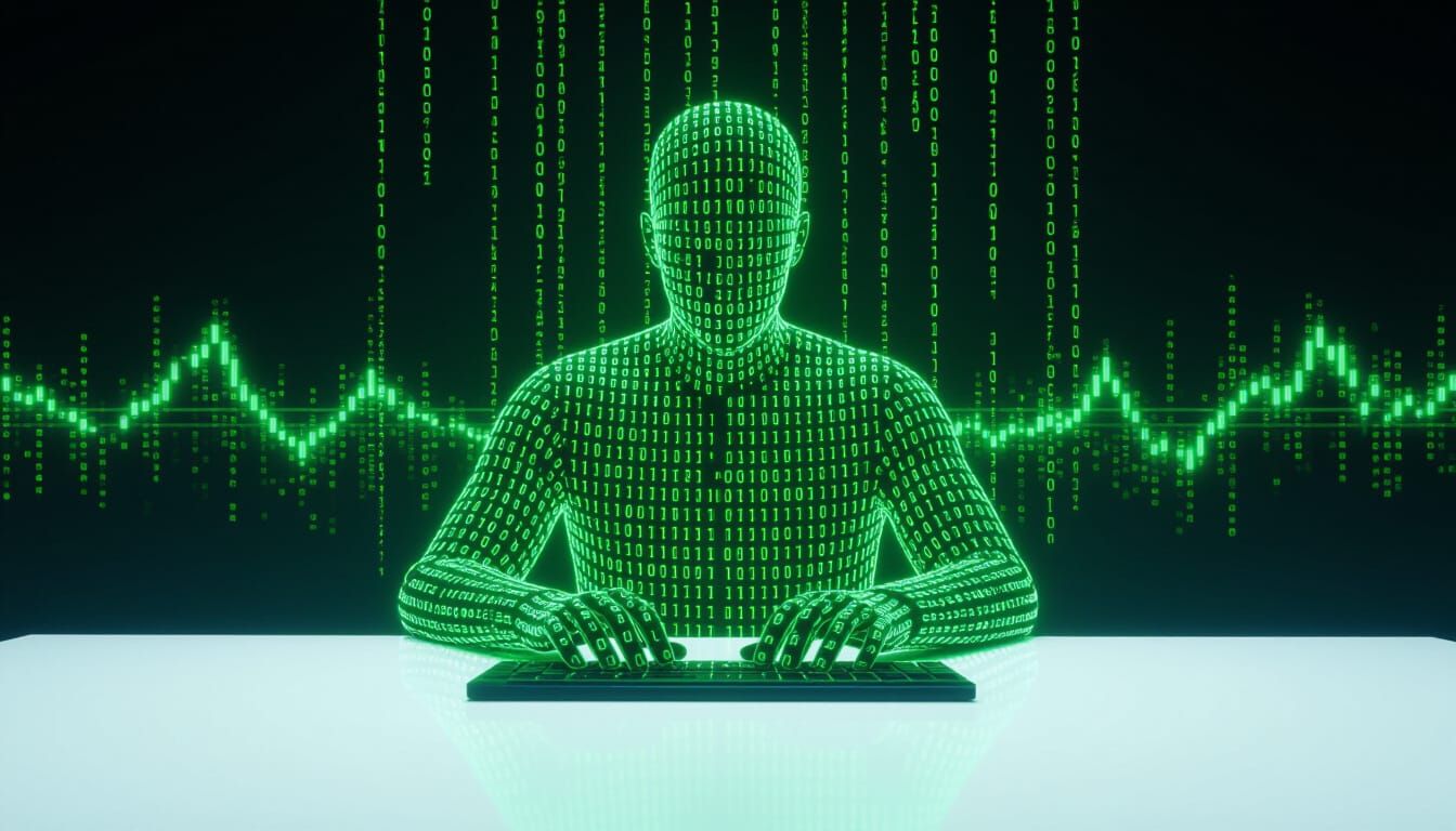 Man of Binary Code at Desk Typing