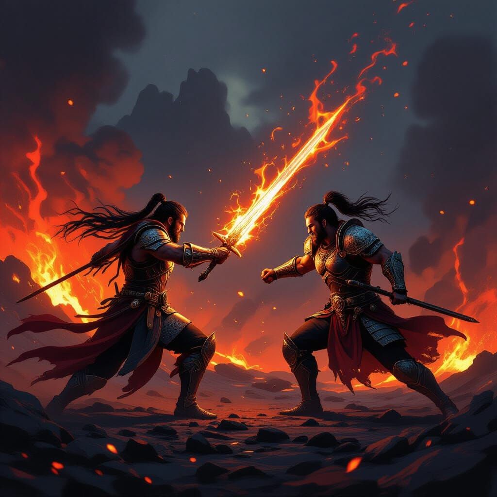 Fiery Warrior Duel in Volcanic Eruption Concept Art