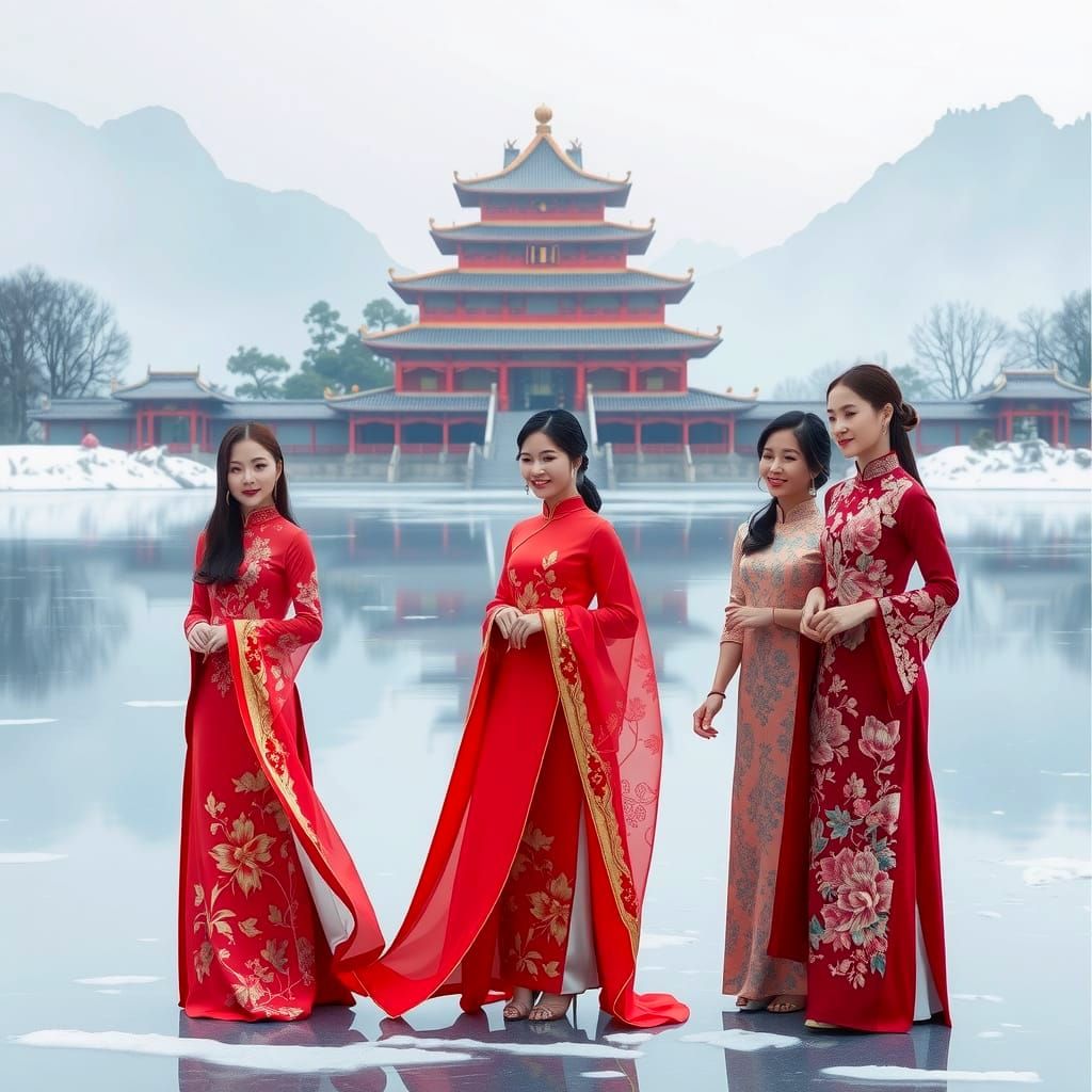 Chinese Women in Traditional Dress on Frozen Lake