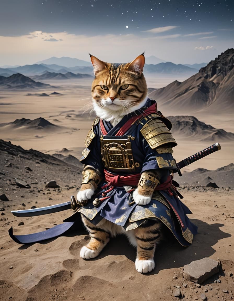 Samurai Cat on Alien Planet in Cinematic Photo