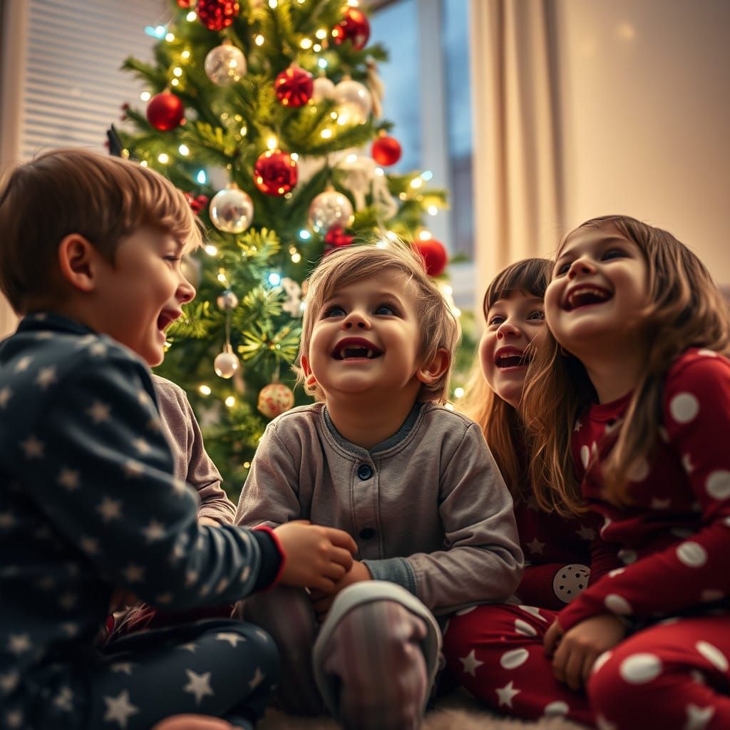 Children Around Christmas Tree Laughing in Joy