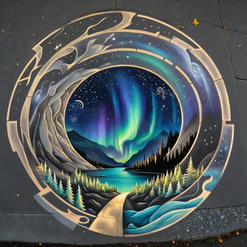 Sidewalk Chalk Art Portal to Alaskan Aurora