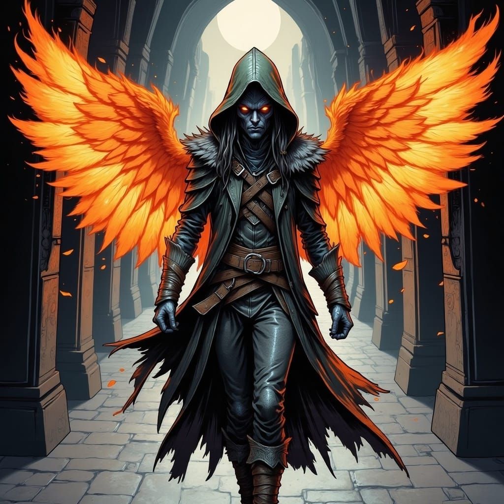 Phoenix Sorceress Leaping from Shadowy Passage