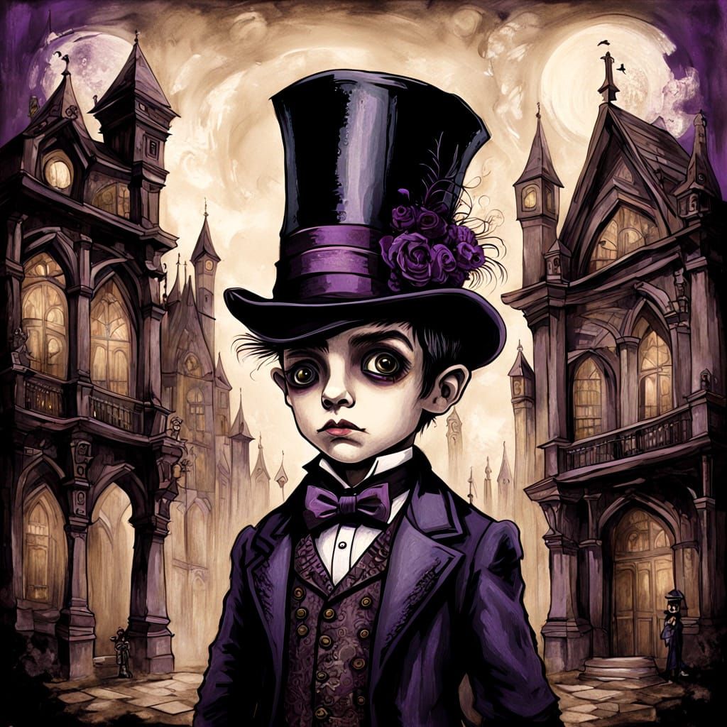 A whimsical, dark gothic illustration of a child in a top hat and Victorian-era attire