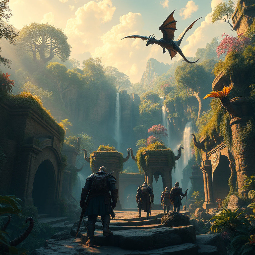 Jungle Dungeon Warriors with Dragons in Fantasy Art