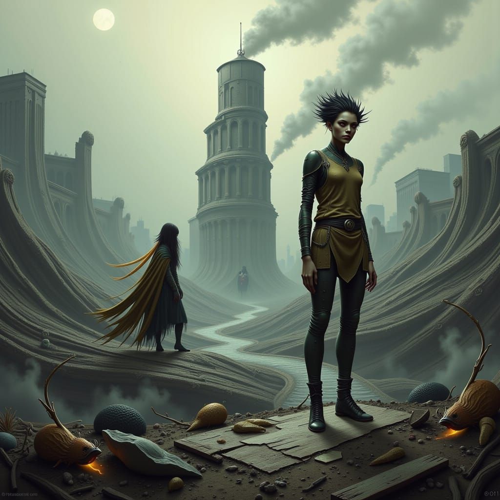 Defiant Figure in Post-Apocalyptic Ruins