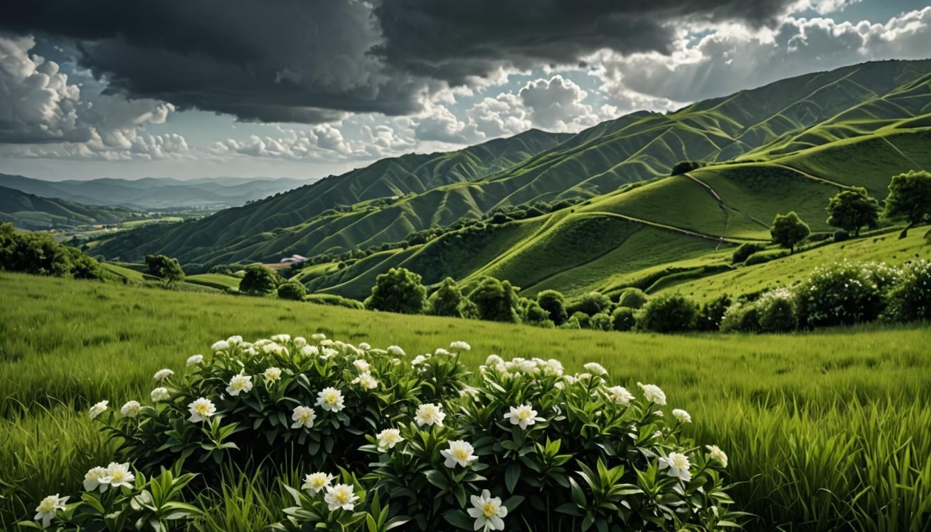 Hyperrealistic Landscape with Bushes and Flowers