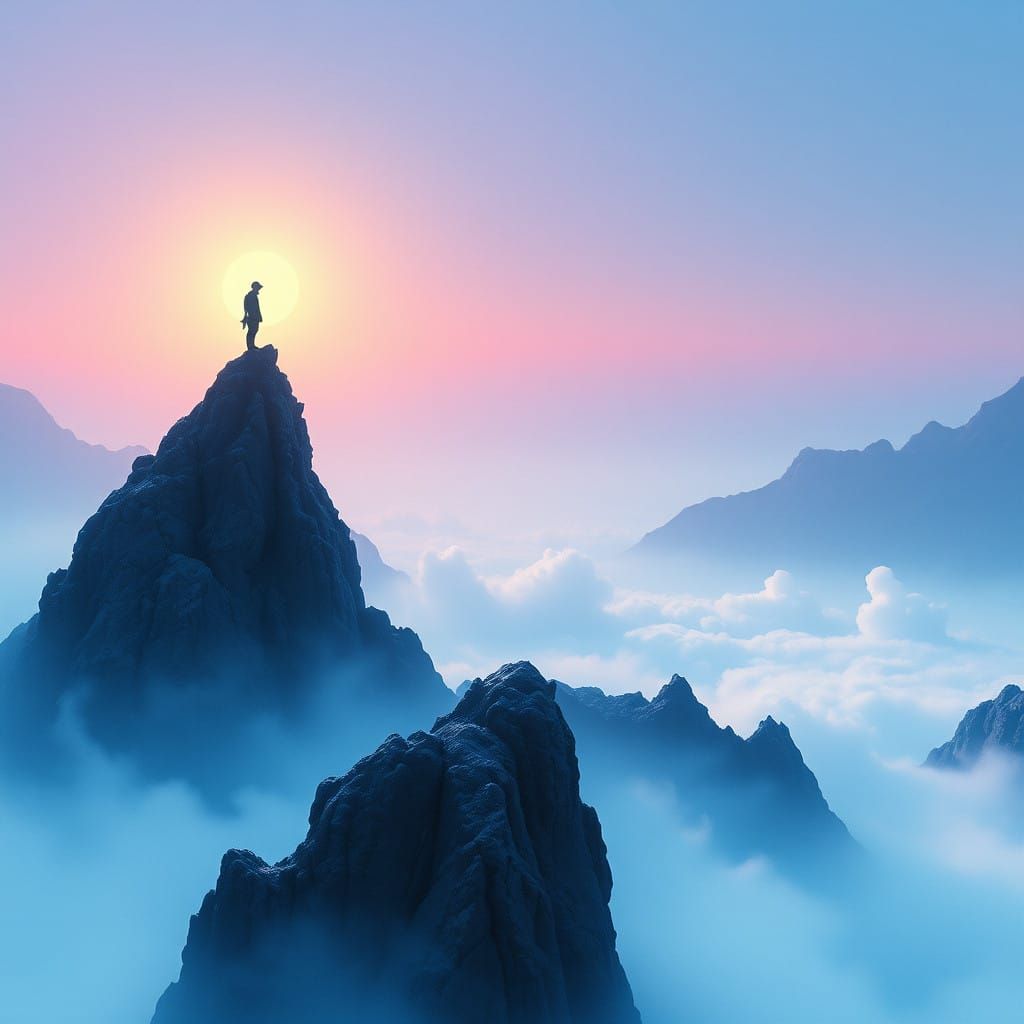 Figure on a Dreamlike Mountain Peak in Ethereal Landscape