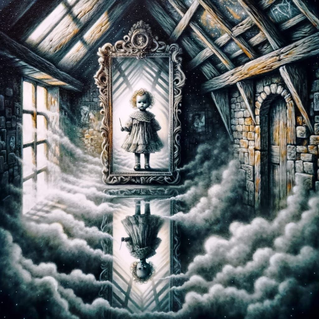 Unsettling Doll Reflection in Foggy Attic Mirror
