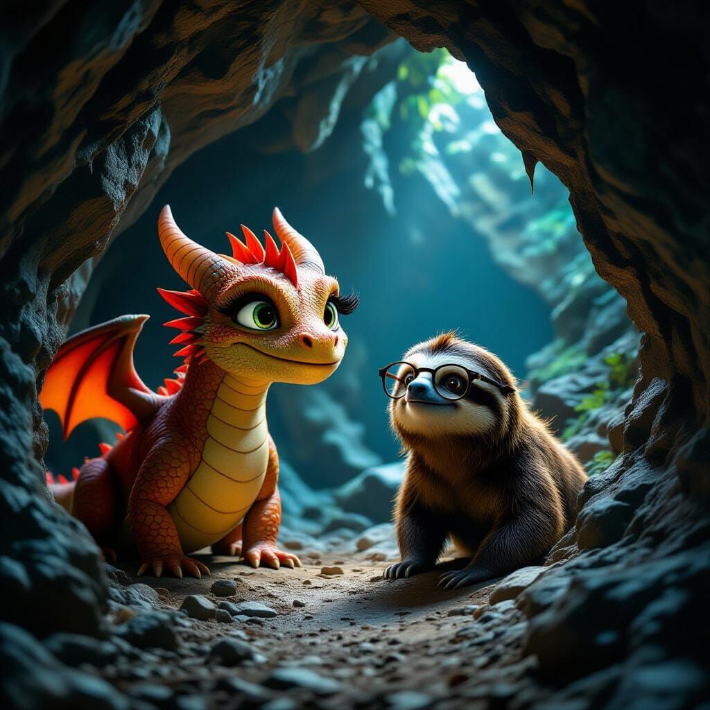 Dragon and Sloth Explore Illuminated Cave