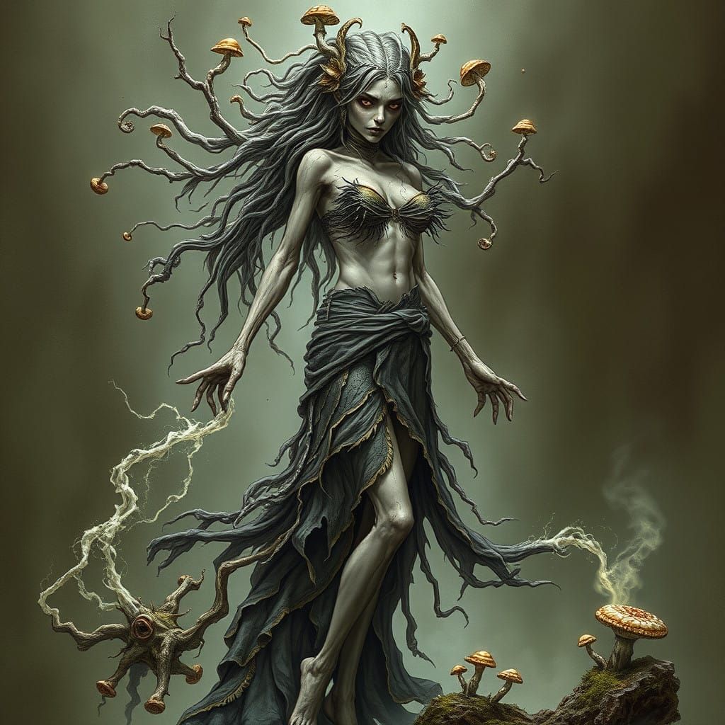 Ethereal Fungal Demigoddess of Decay in a Classic D&D Aesthe...