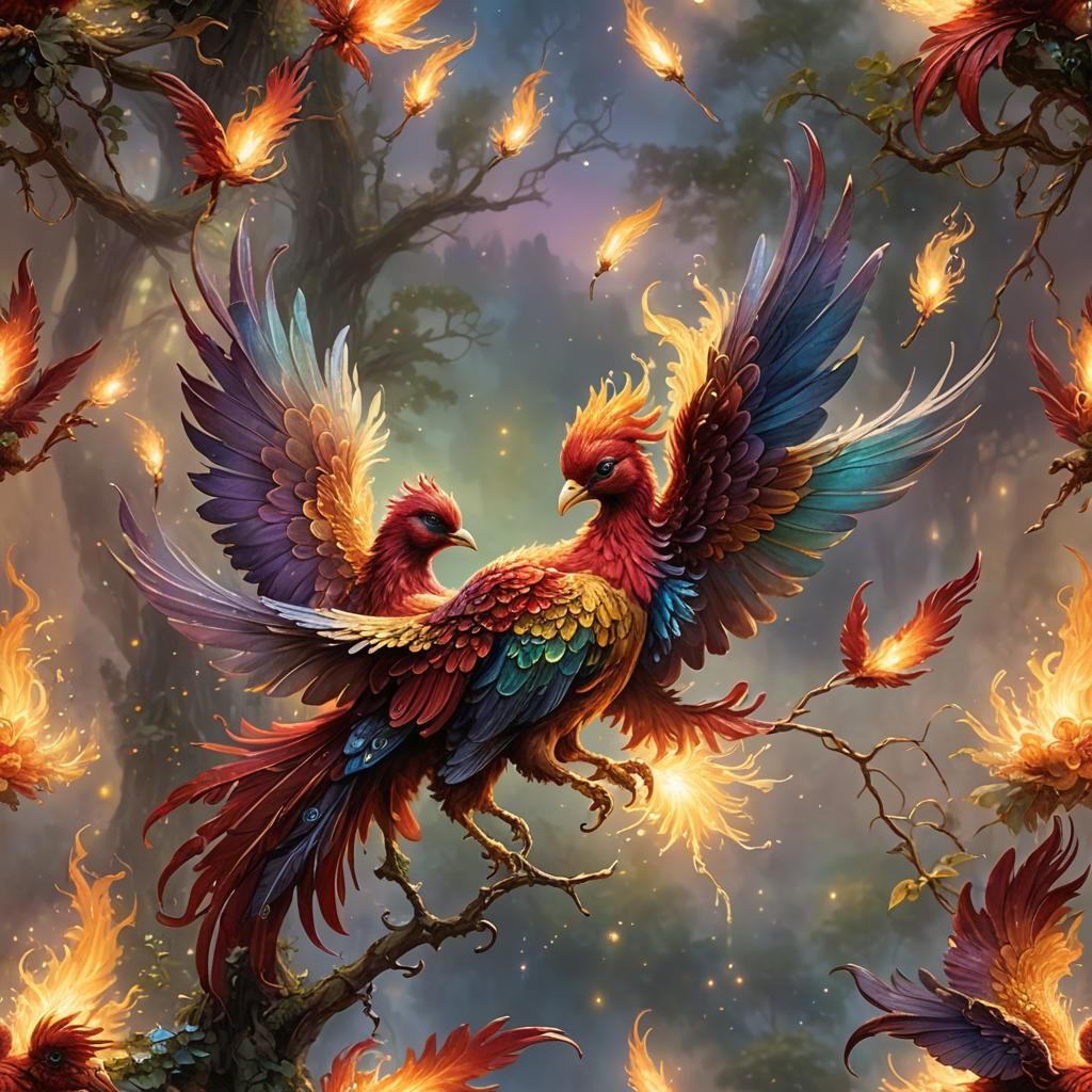 Baby Phoenix Hunting Fireflies in Ethereal Style