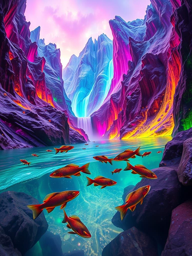 Ethereal Rainbow Trout Landscape in Hyperrealistic Style