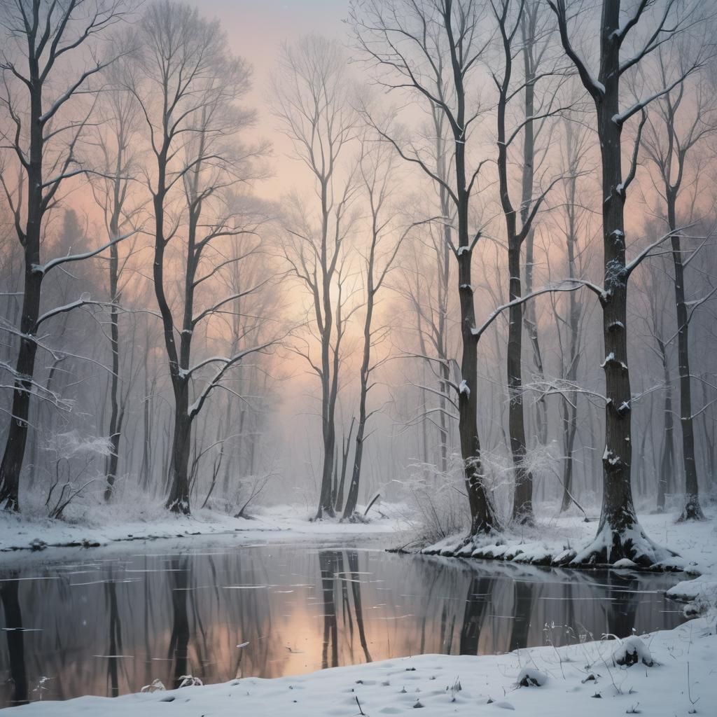 Serene Frozen Lake in Winter Impressionist Landscape