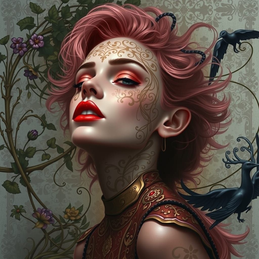 Elegant Woman in Lush Garden: Art Nouveau Style