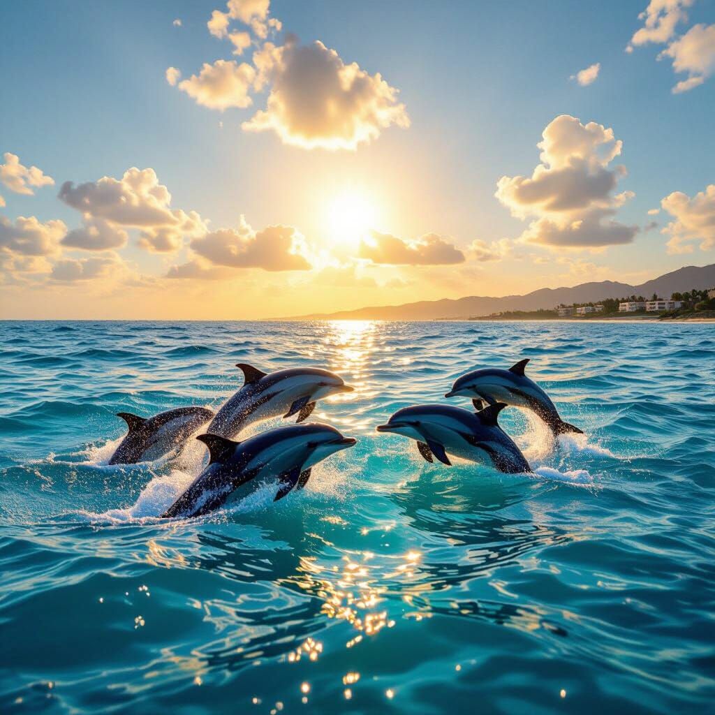 Atlantic Ocean Dolphins Leap in Golden Hour Photorealism