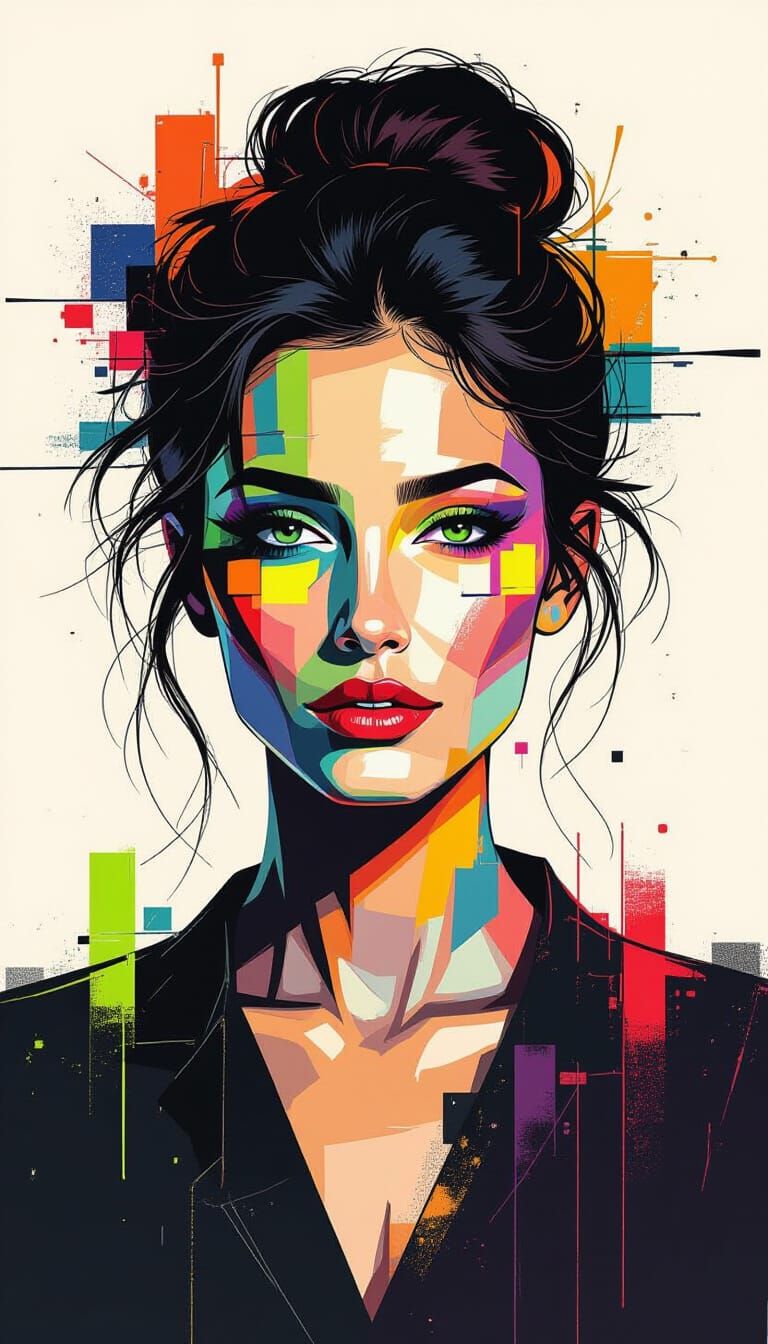 Pixelated Woman Portrait with Neon Glitches
