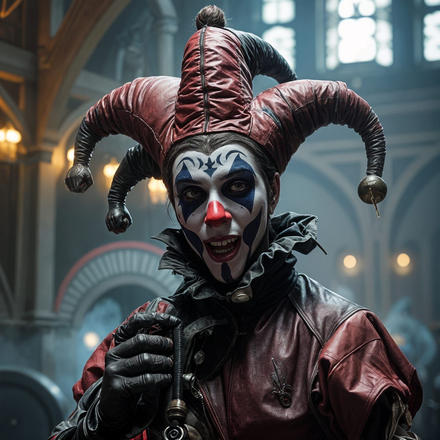 Medieval Jester Shines in Neon Cyberpunk Court