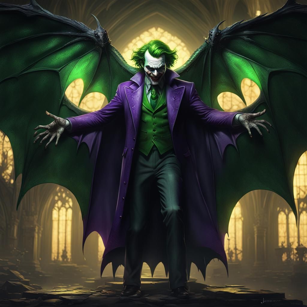 Menacing Joker with Bat Wings in Dark Fantasy Style