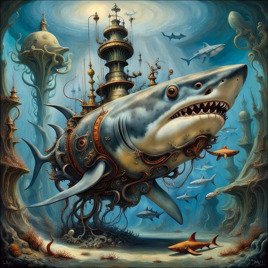 Steampunk Sharktopus Submersible in Surrealist Style