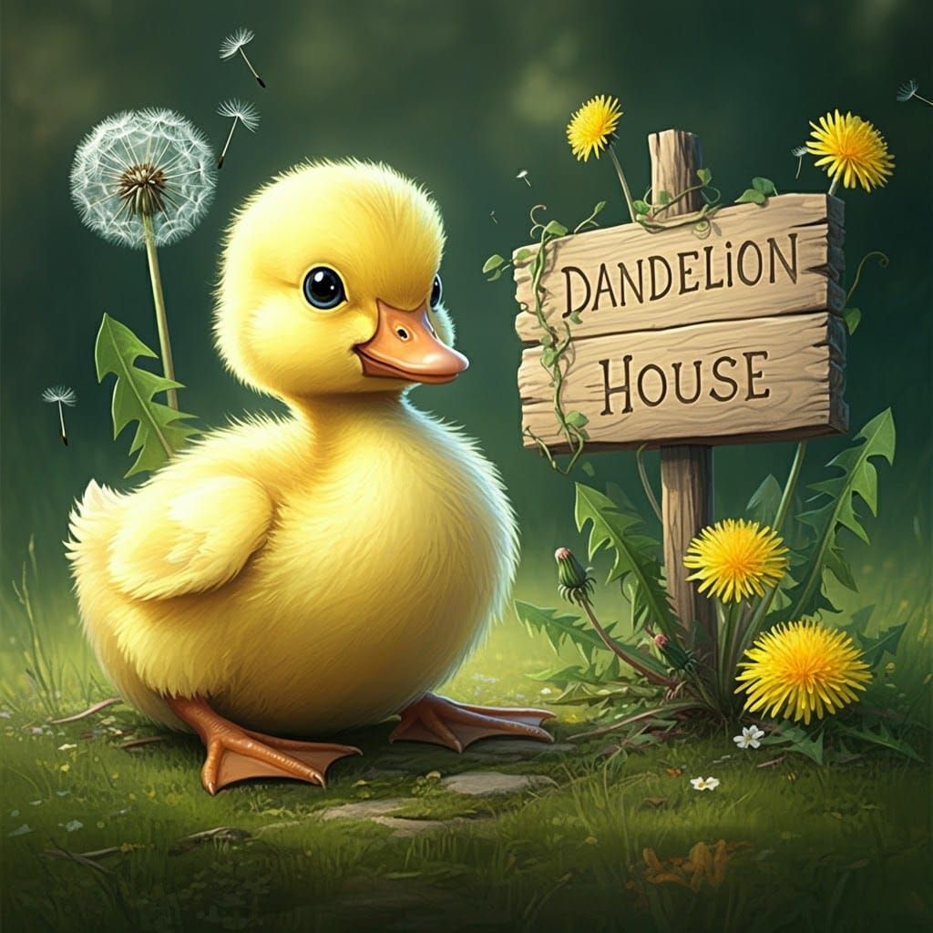 Cartoon Duckling at Dandelion House, Children's Illustration