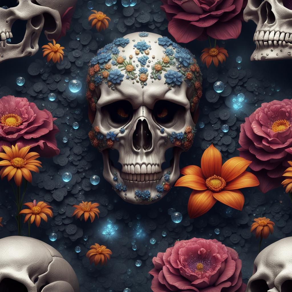Skull Surrounded by Dewy Flowers: Detailed Matte Painting