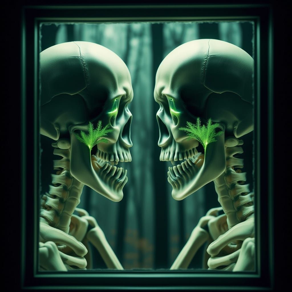 Two Skeletons Crying Green Tears At Cabin Window