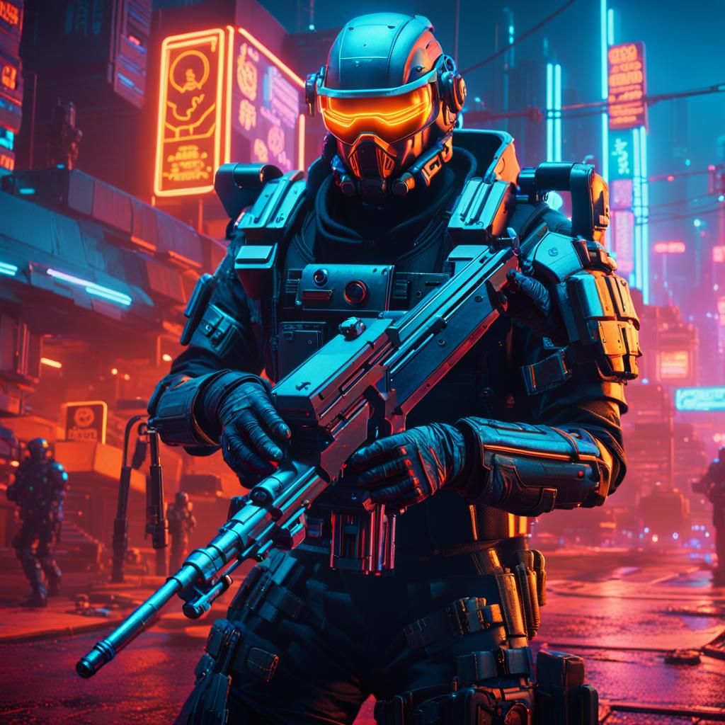 Cyberpunk Soldier with Gatling Gun in Film Noir Style