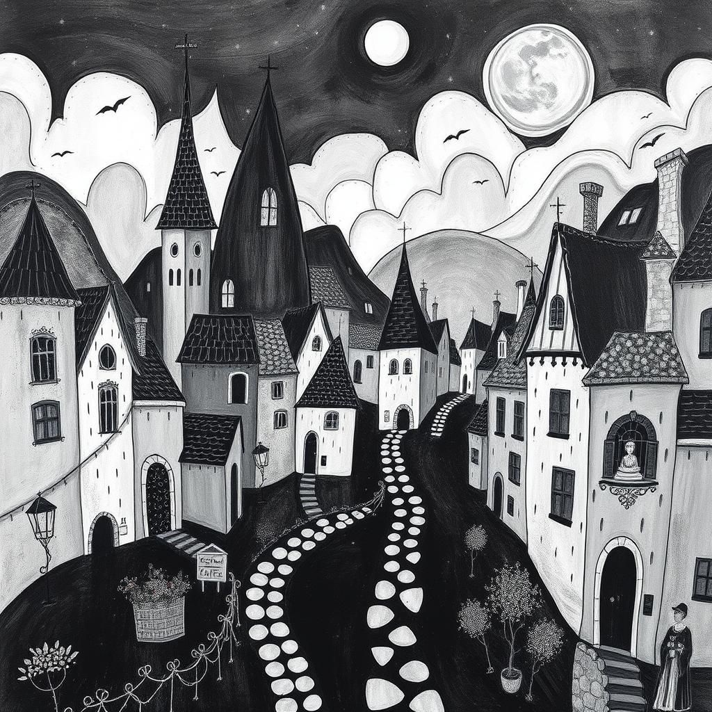 Abstract Black and White Fantasy Town Art