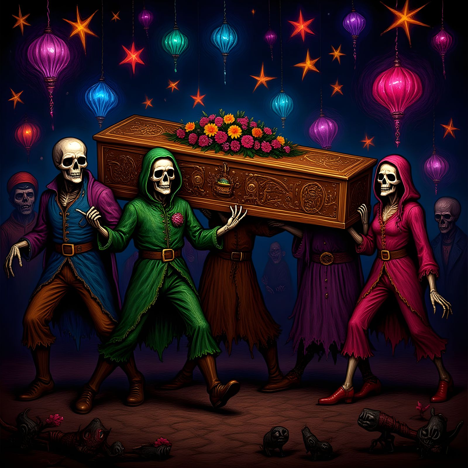 Colorful Skeletons in Sinister Carnival Procession
