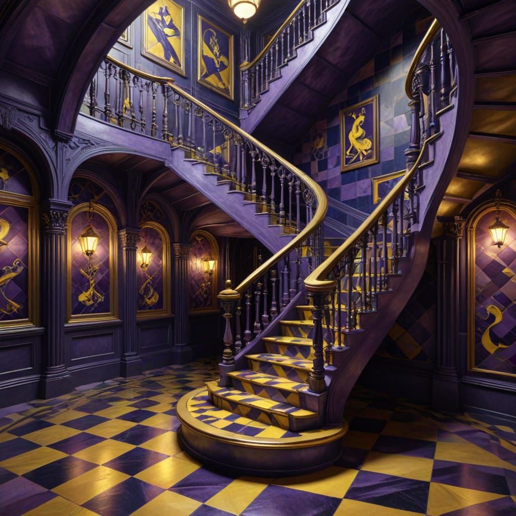 Escher-Inspired 3D Helix on Checkered Staircase