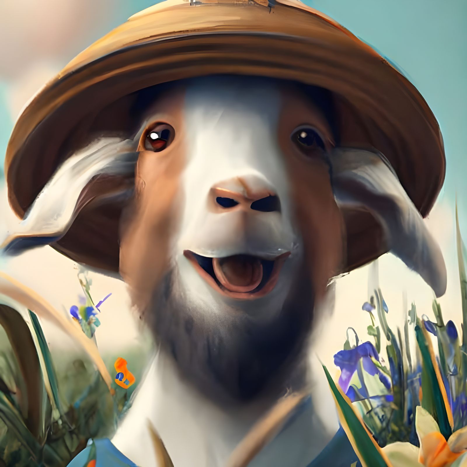 Smiling Goat in Straw Hat: 3D Digital Art