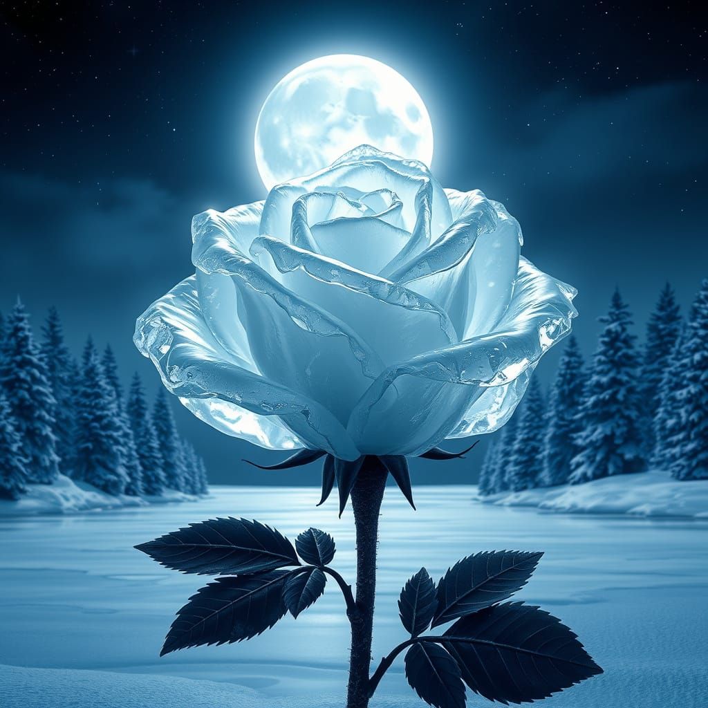 Crystalline Ice Rose in Moonlit Winter Wonderland