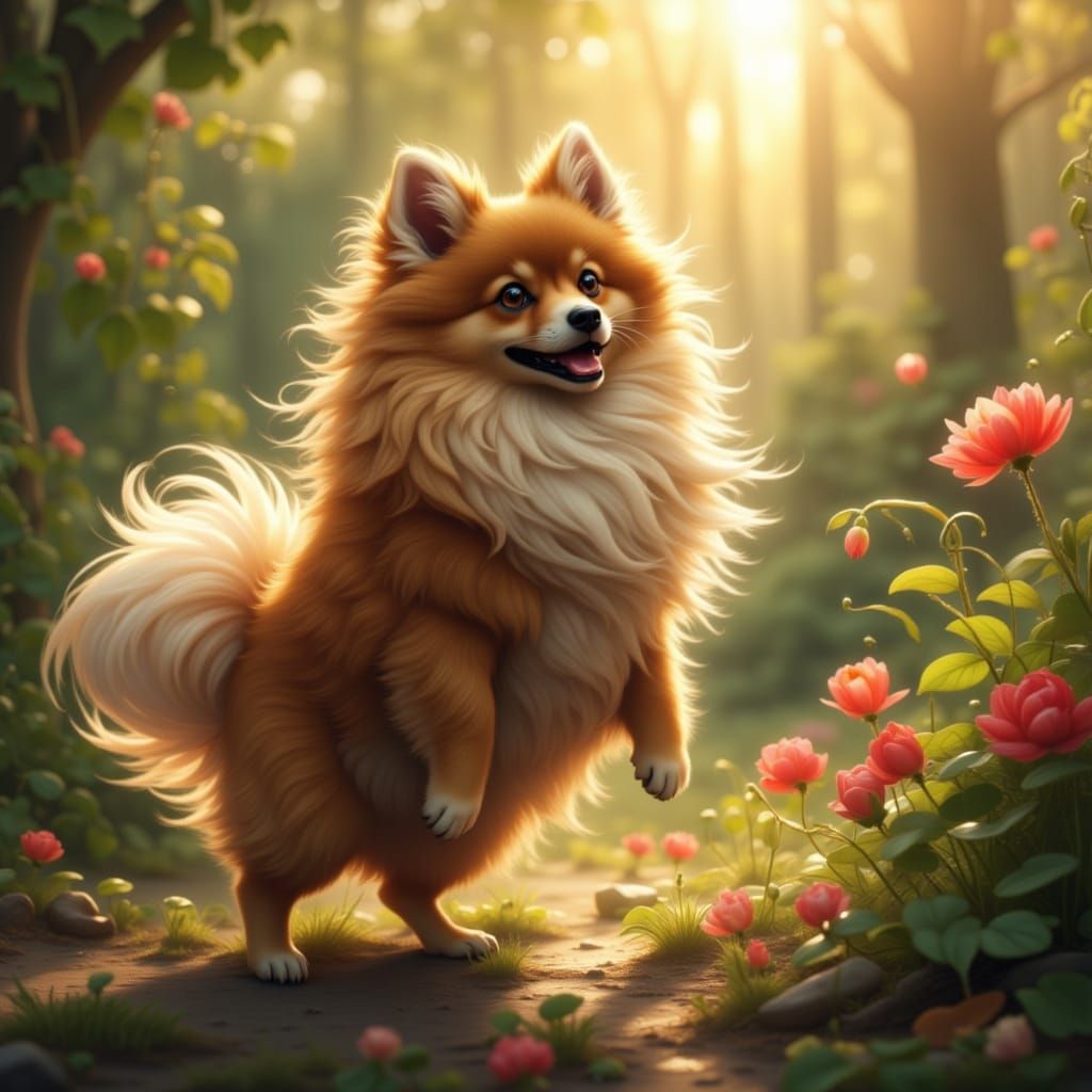 Hyperrealistic Pomeranian Dances in Vibrant Garden
