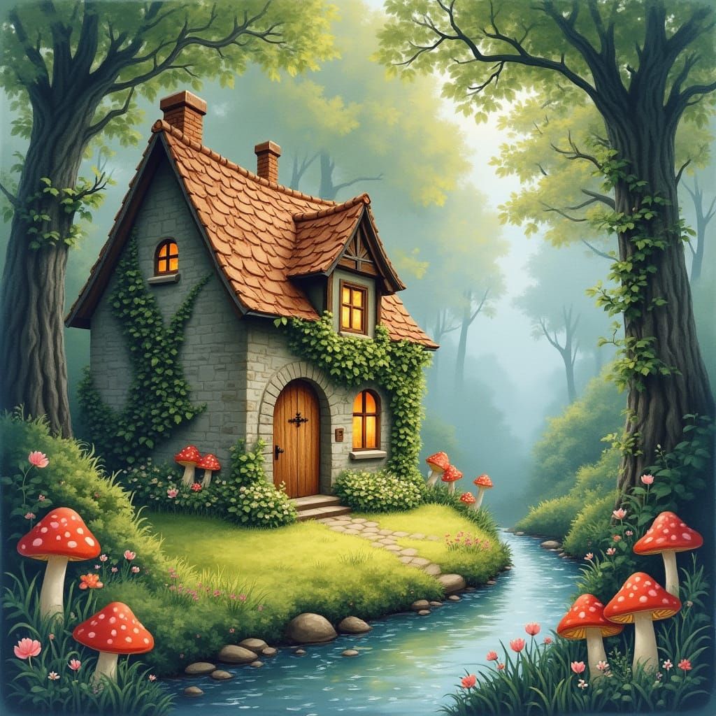 Enchanted Forest Cottage in Watercolor Style