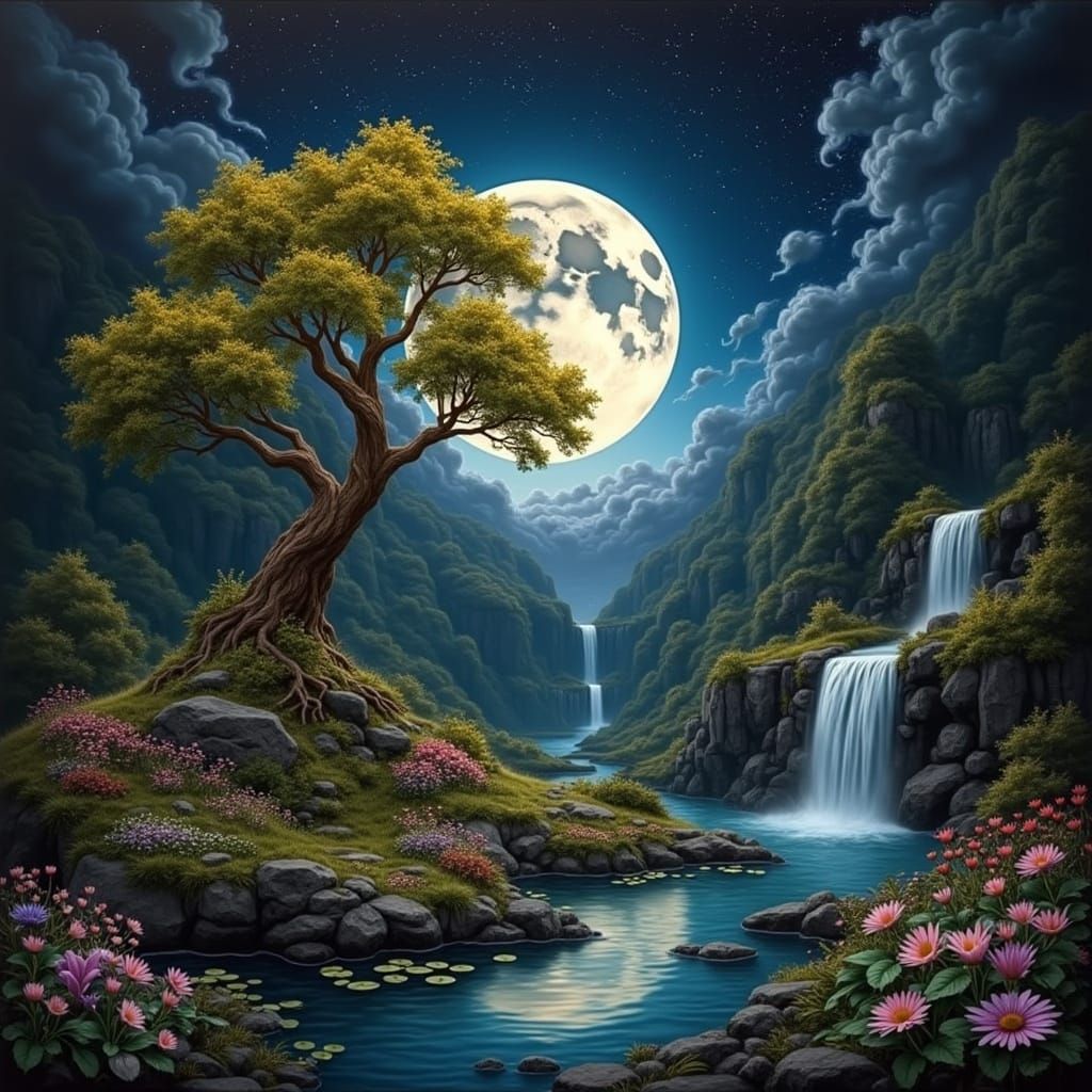 Majestic Tree Overlooking Waterfall Pond Under Starry Skies