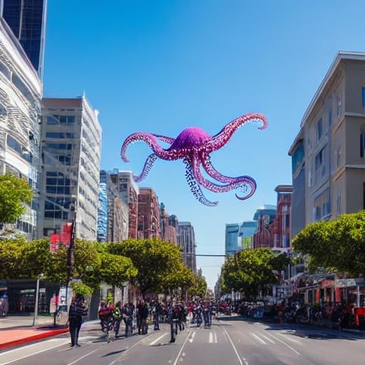 Octopus Flies Over City Street