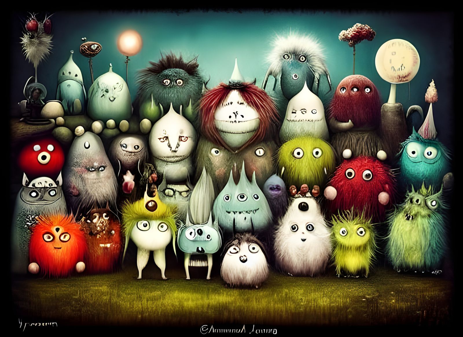 Funny Fluffy Monsters Portrait in Whimsical Style