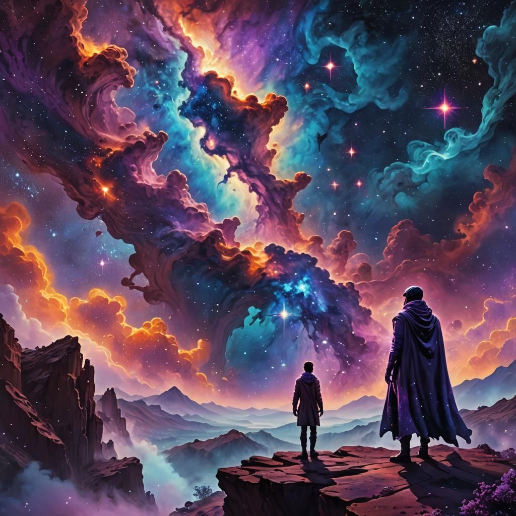 Hero Overlooking Nebula in Mixed Media Style