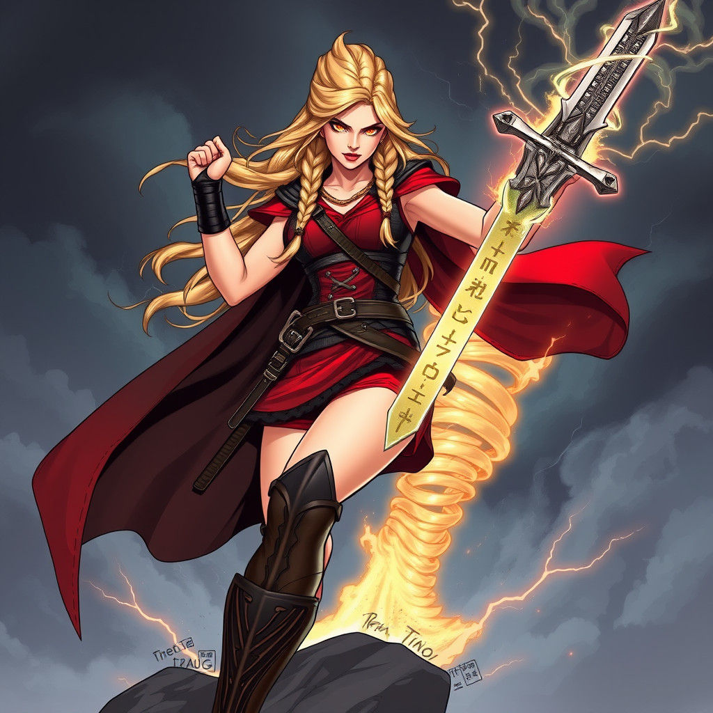 Fierce Blonde Warrior Opens Portal with Runic Sword